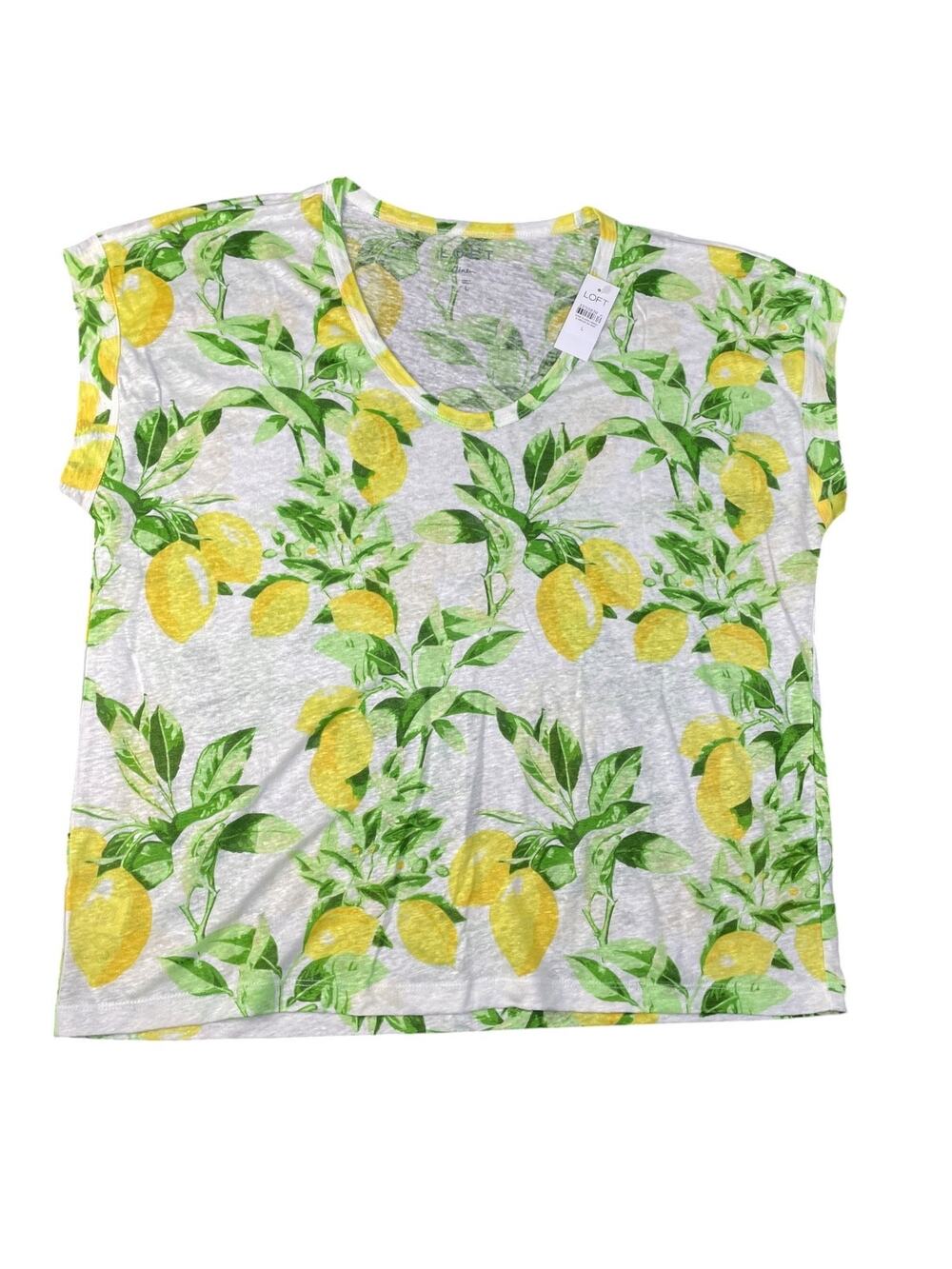 NWT Loft Linen Women’s Large Lemon All Over Print Scoop Neck Short Sleeve Top